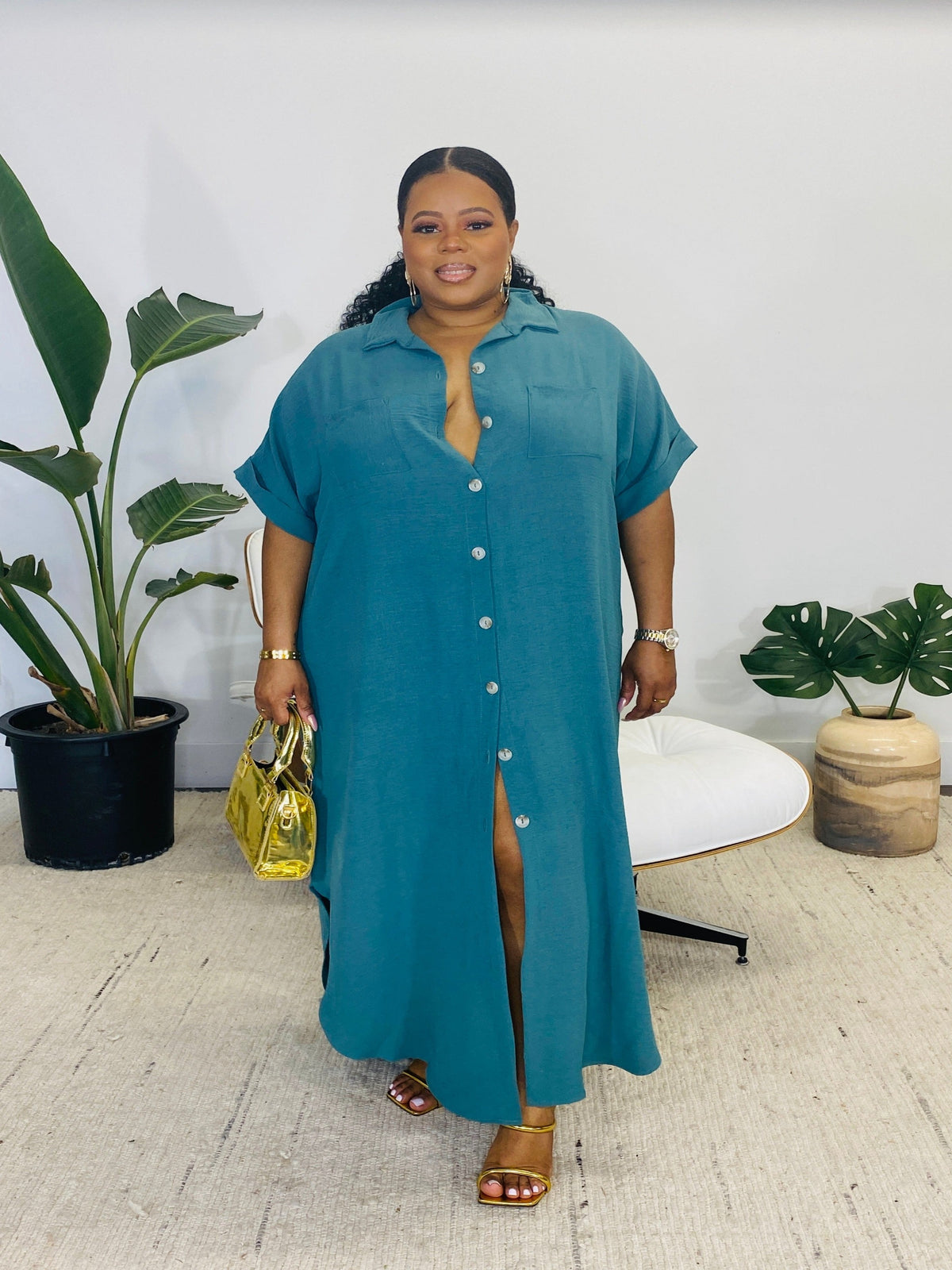 Aurora Long Button-Down Dress | Teal