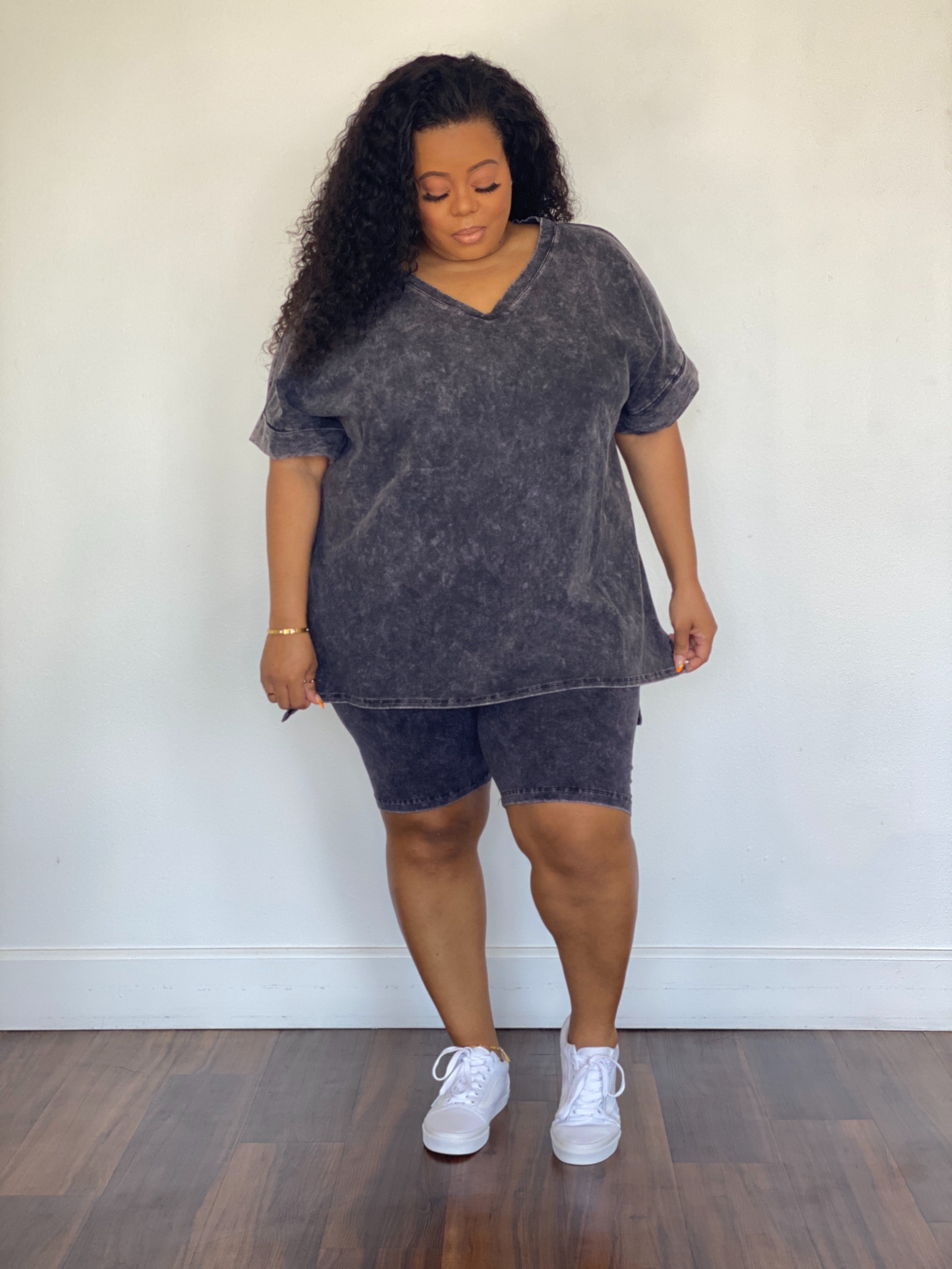 Mineral Wash Biker Short Set Charcoal